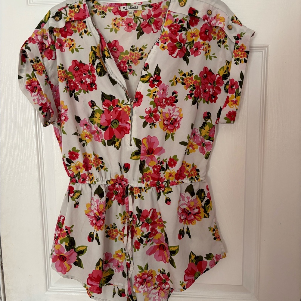 Floral V-Neck Blouse - Red, Pink, Green, Yellow